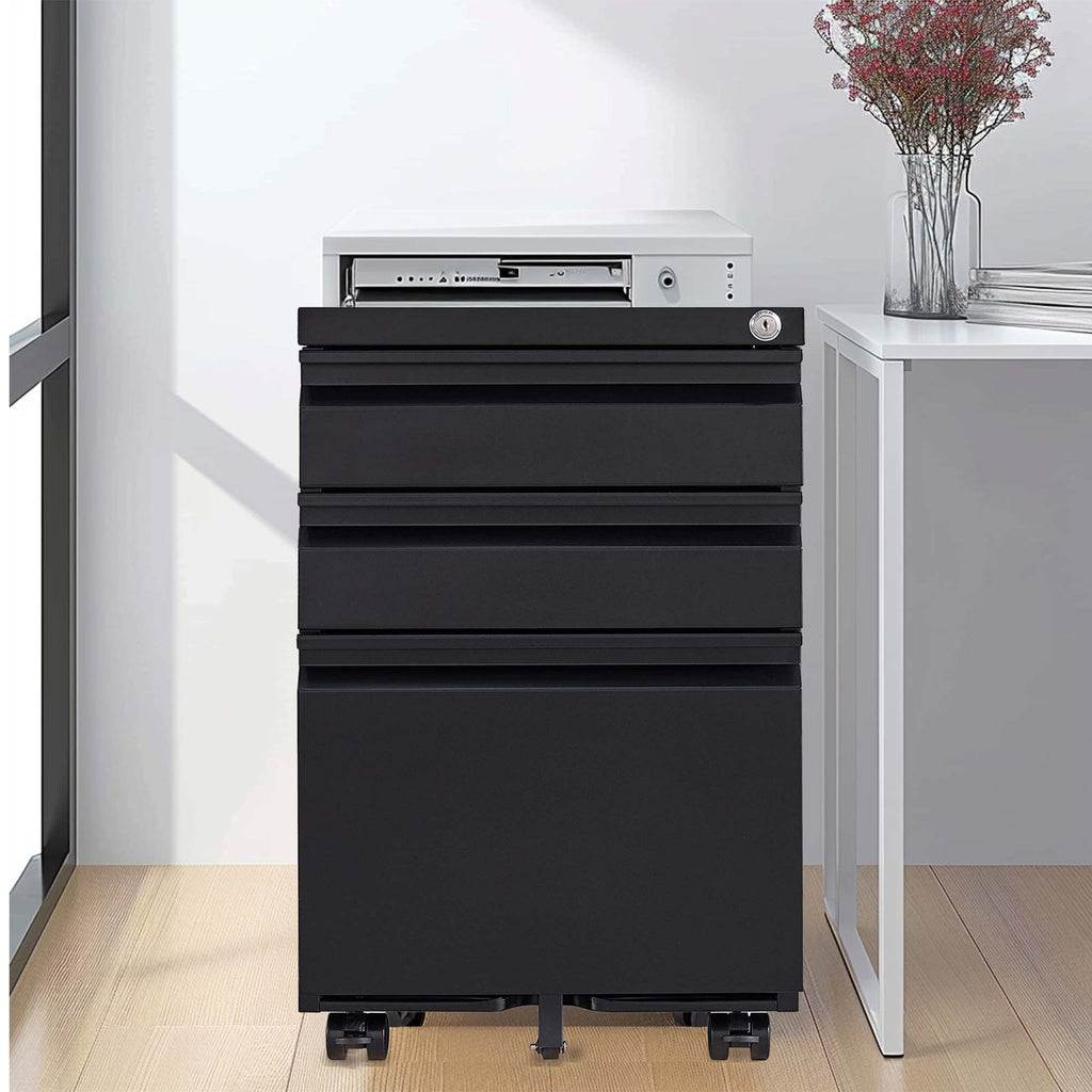 Black Metal 3 Drawer Mobile File Cabinet with Lock for Home Office Organizer, Fully Assembled - Grand Goldman