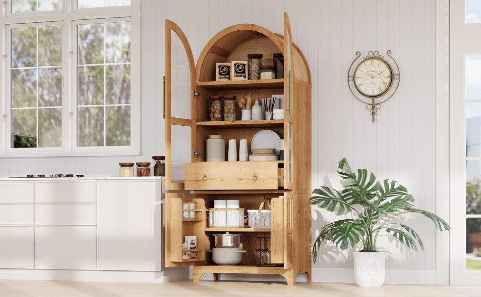 K&K 71' Tall Arched Kitchen Pantry Cabinet with Door Shelves, Farmhouse Kitchen Storage Cabinet with Open & Adjustable Shelves, Hidden Drawer & Glass Door, Cupboard for Kitchen, Dining Room, Natural - Grand Goldman Shop