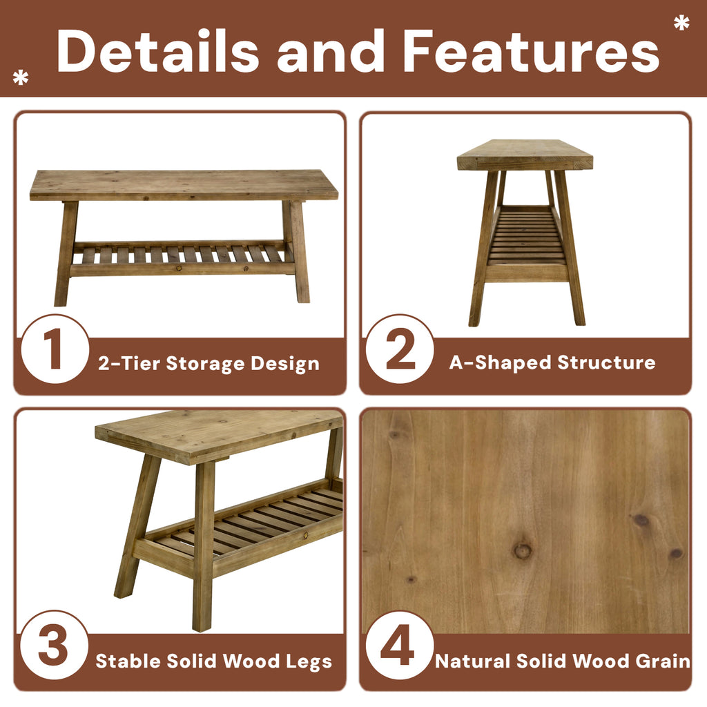 43' Farmhouse Wood Bench, 2-Tier Entryway Bench, Narrow Rustic Storage Bench with Open Storage Shelf for Entryway, Hallway, Living Room, Bedroom, Kitchen, Dining (Distressed Wood Color) - Grand Goldman Shop