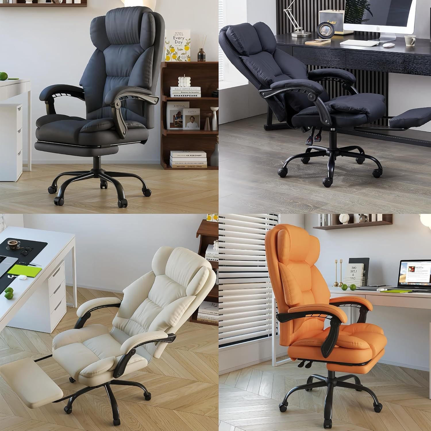 Office Chair with Foot Rest, Executive Office Chair with Arms, Reclining Computer Chair with Wheels and Lumbar Support, PU Le