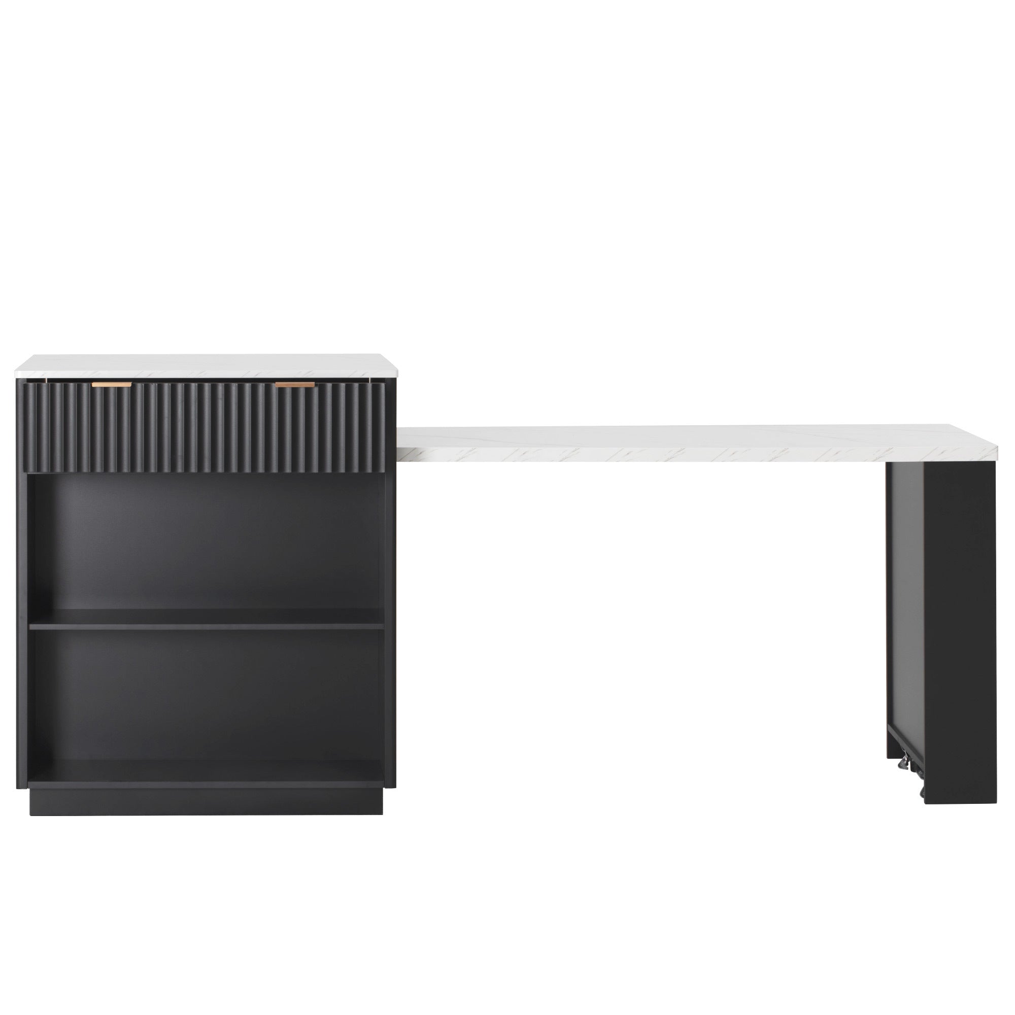 K&K 82.6' Fluted Kitchen Island with Extendable Dining Table for 4-6, Island Table for Kitchen with Power Outlet, Kitchen Table with Double-Side Storage, 2 Drawers 2 Side Open Shelves, Black - Grand Goldman Shop