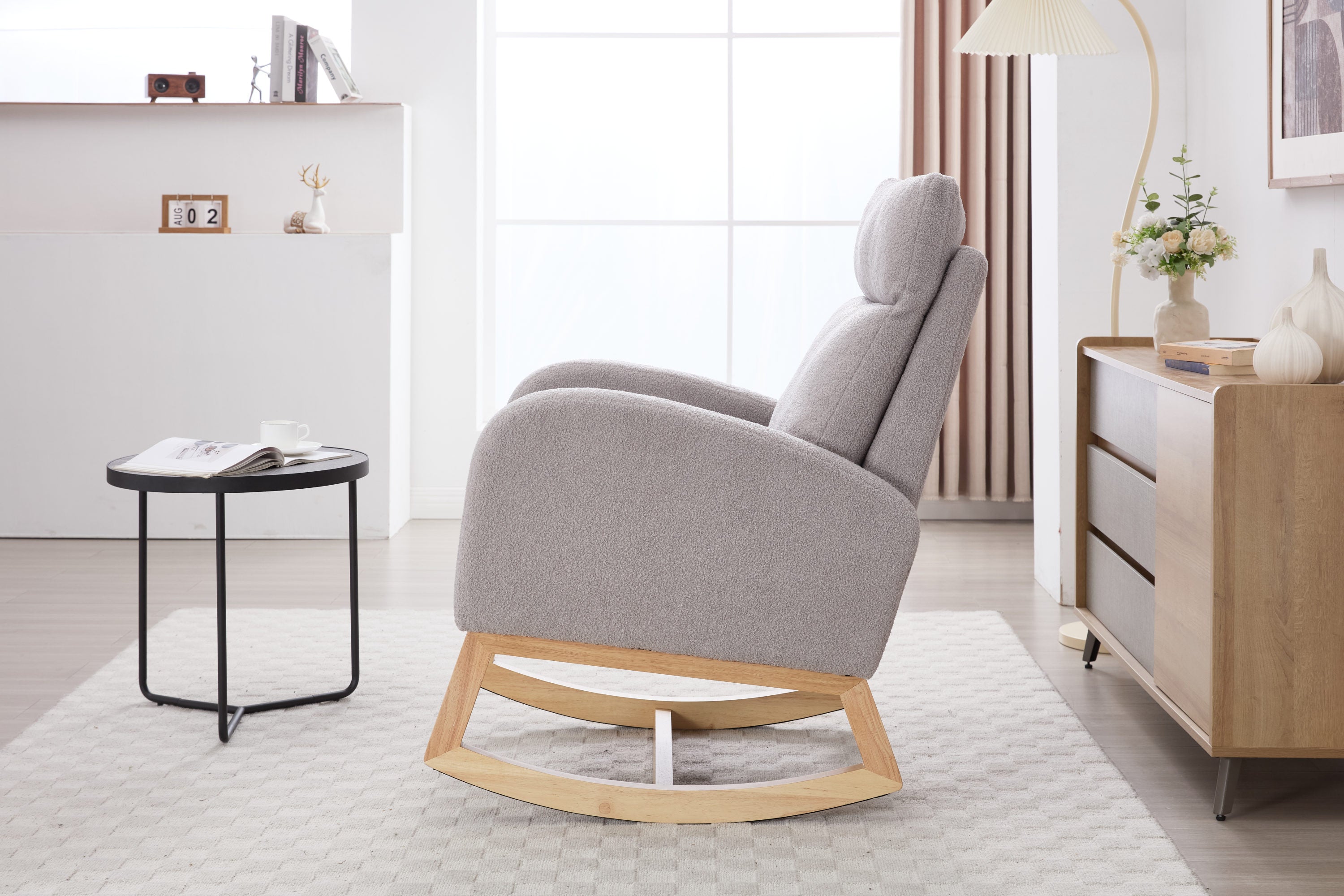 015B-Teddy Fabric Leisure Rocking Chair,Nursery Rocking Chair With Adjustable Footstool,Thickened Headrest And High Backrest, Storage Pocket On The Right Side,The Base Rocker Is Solid Wood,Light Gray - Grand Goldman Shop