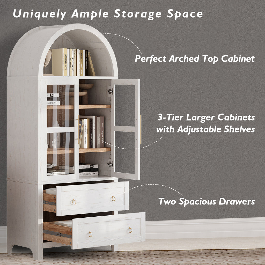 K&K 71' Tall Arched Kitchen Pantry Cabinet with 2 Large Drawers, Modern Farmhouse Kitchen Storage Cabinets with Adjustable Shelves, Glass Door, Wood Versatile Cupboard for Kitchens, Dining Room, White - Grand Goldman Shop