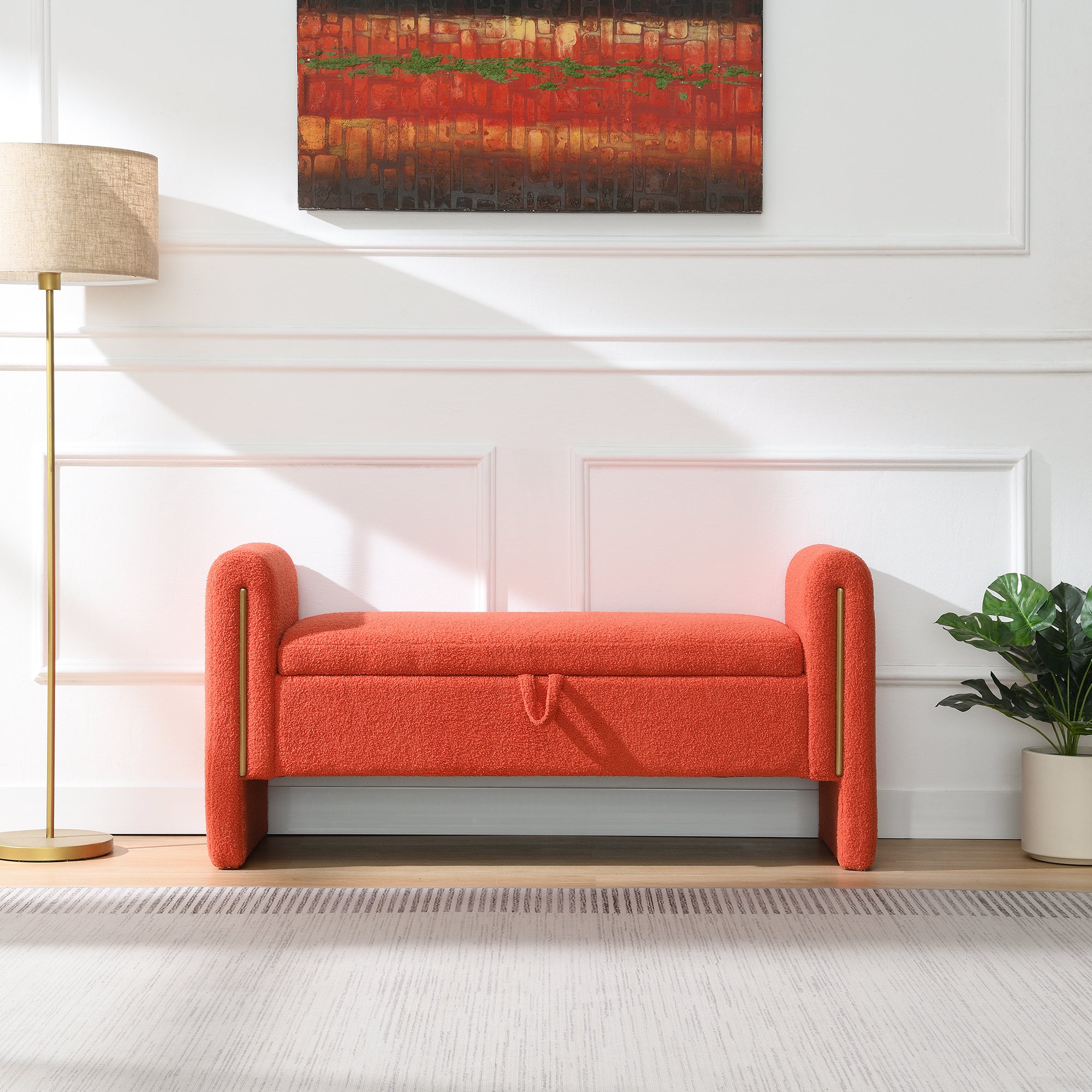 Modern Teddy Bed End Bench with Arms and Storage, Upholstered Orange Foot Rest Stool for Living Room, Bedroom, Dorm, Comfy Window Vanity Bench - Grand Goldman Shop