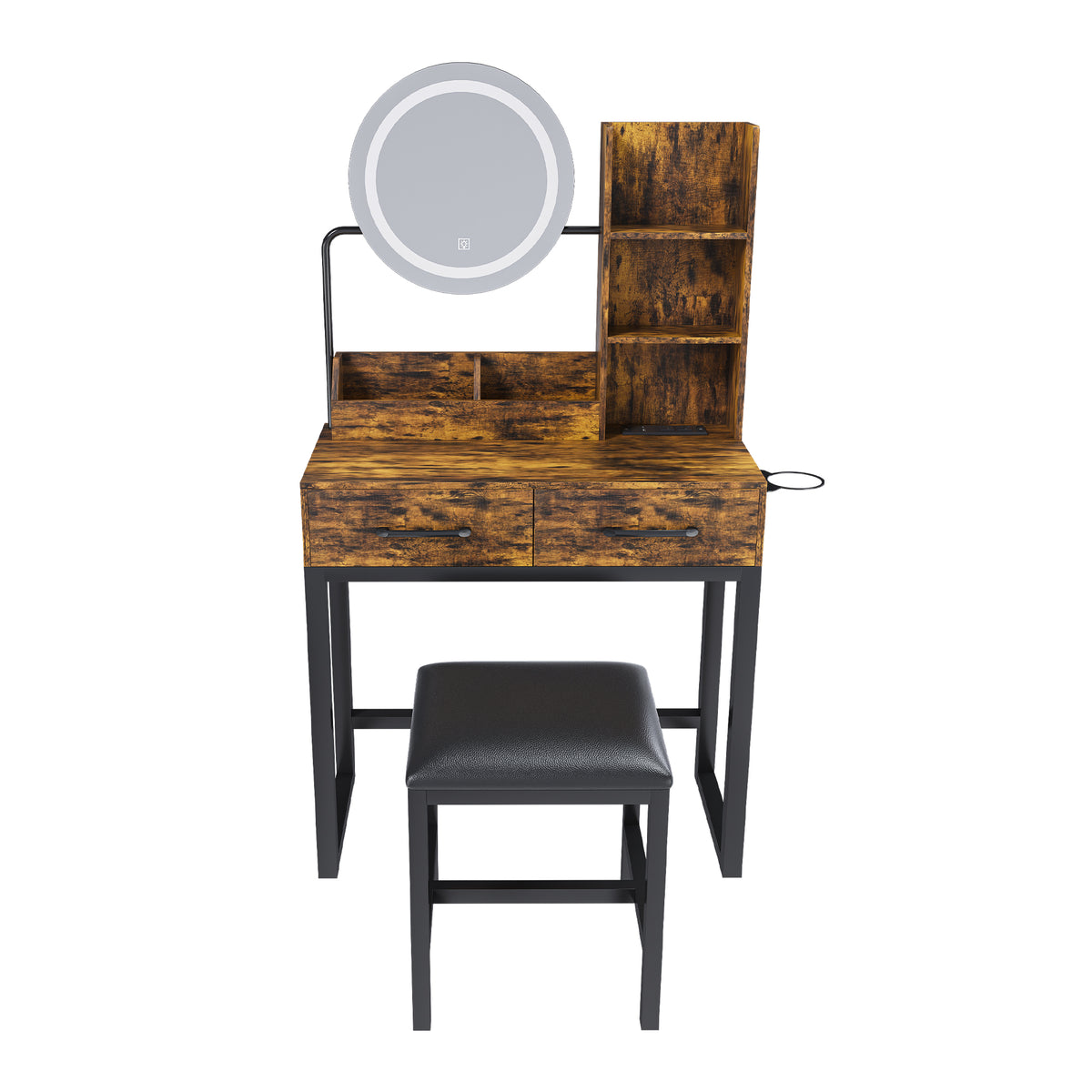 Makeup Vanity Table with LED Lights, 3 Color Options, Power Outlet, Brown MDF, 31.5 x 15.75 x 52.36 inches - Grand Goldman Shop