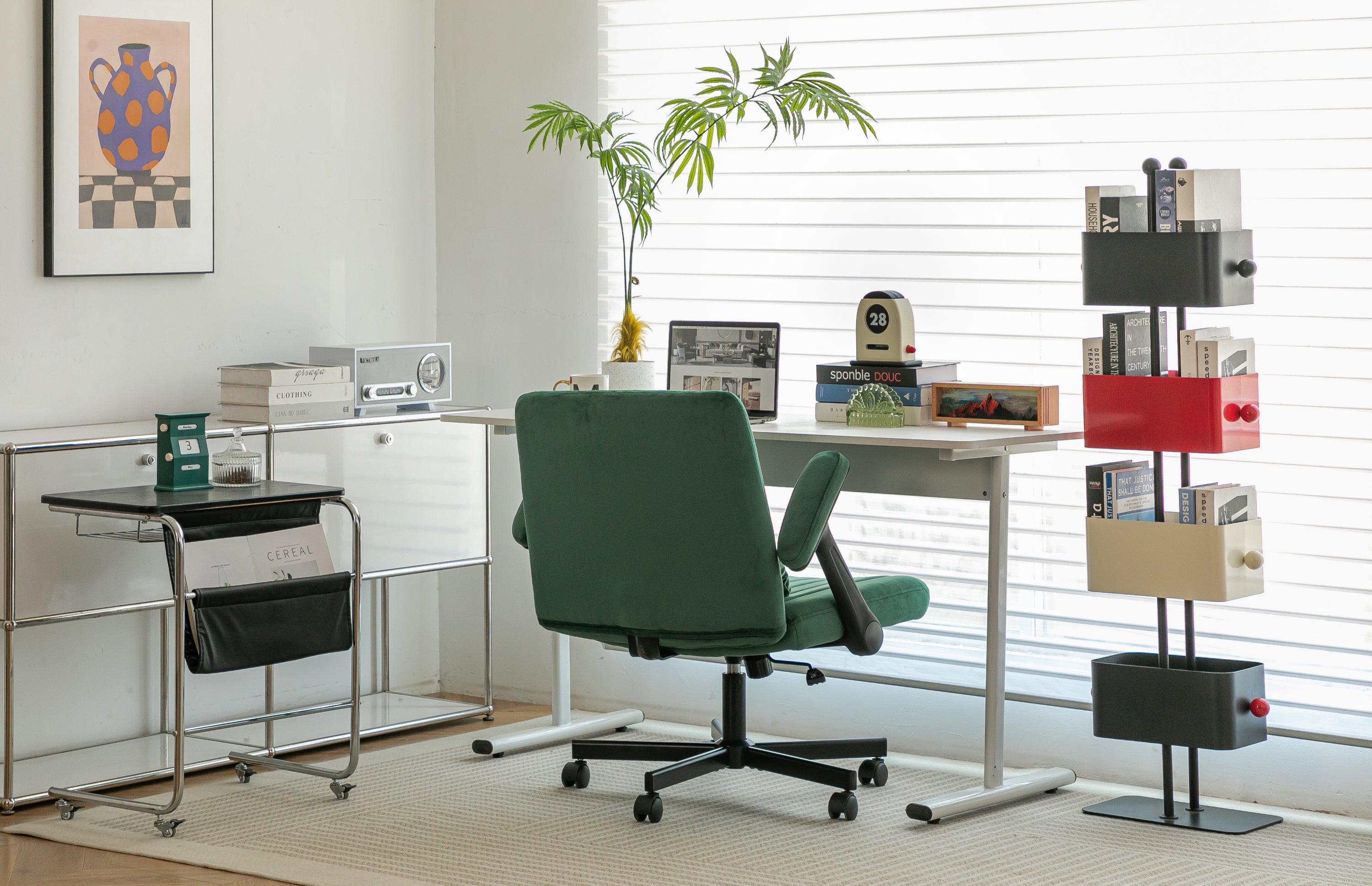 Green Velvet Criss Cross Armrest Office Chair with Wheels - Modern for Home Office, Meditation & Creative Work | Premium Home