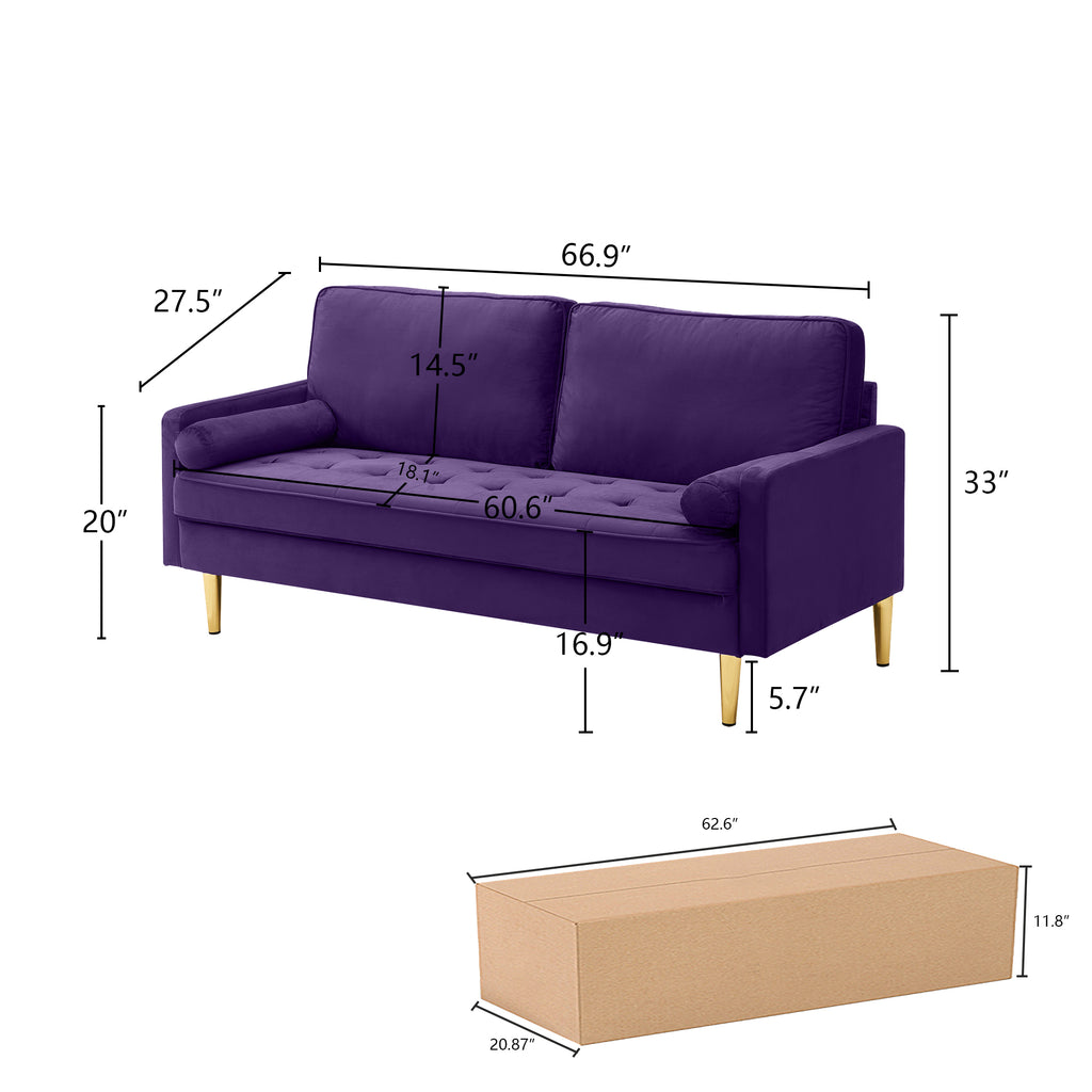 65-inch minimalist velvet sofa with metallic-coloured legs, complete with cushions, suitable for the living room or bedroom. - Grand Goldman Shop