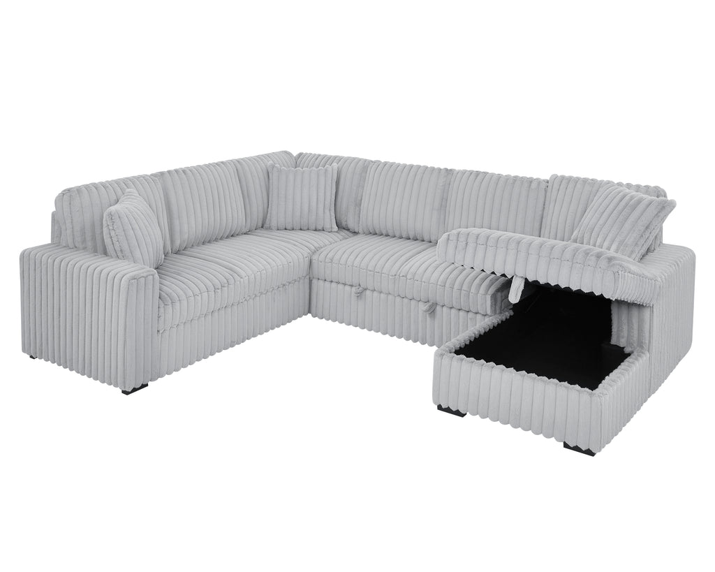 122 Inch Pull Out Couch, Rabbit plush Fabric Sofa Bed with USB Ports & Comfy Upholstered, Oversized U Shape Sectional Sleeper Sofa Bed with Storage Chaise, Grey - Grand Goldman Shop