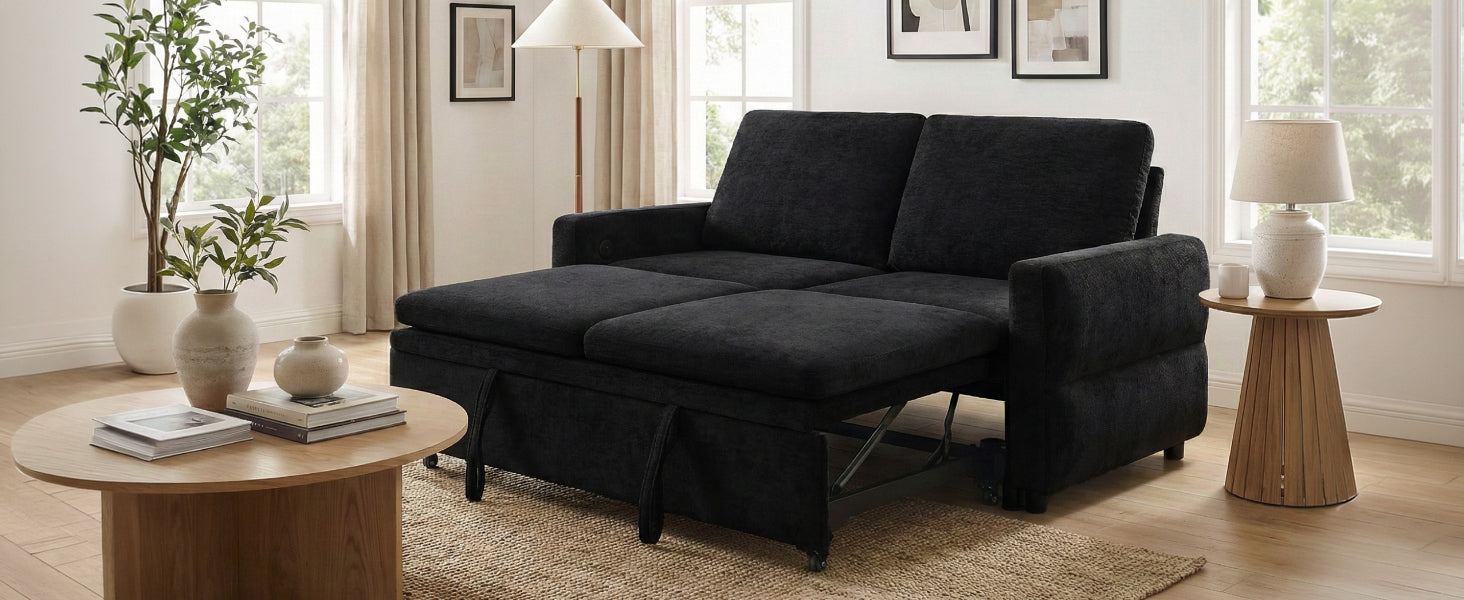 Black Convertible Sofa Bed Loveseat with Adjustable Backrest and USB Ports, 62.75' Chenille Upholstered Couch for Living Room or Small Space - Grand Goldman Shop