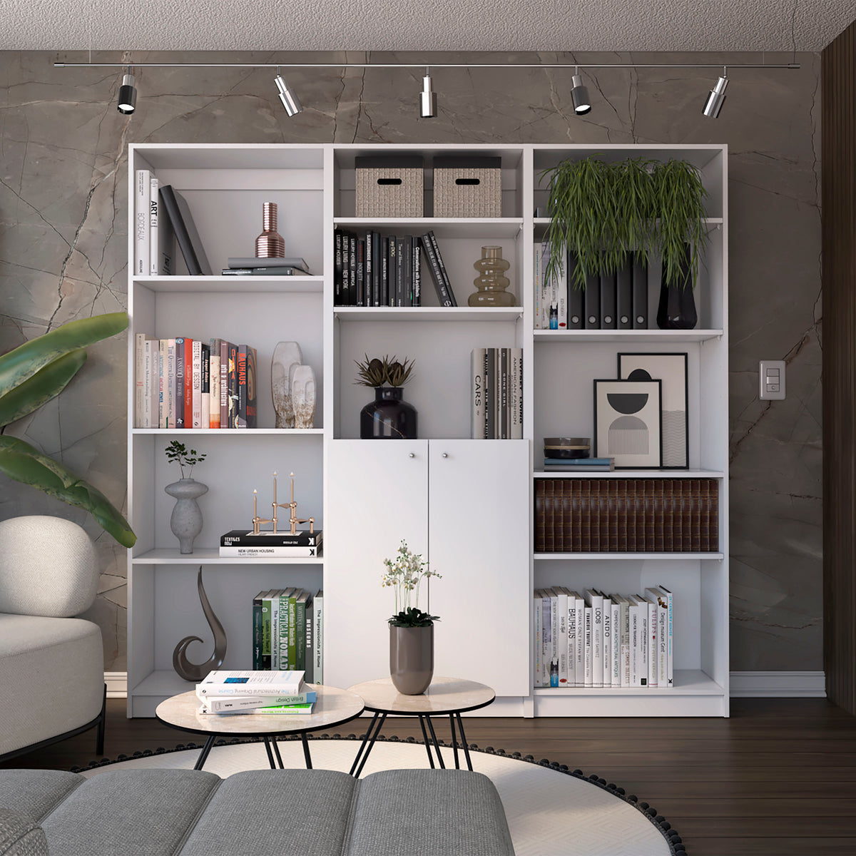 Aynor 3 Piece Home Bookcase set, 74' Wide with 12 Shelves and 2-door Cabinet ,  Living Room Set  White | Premium Home Decor -