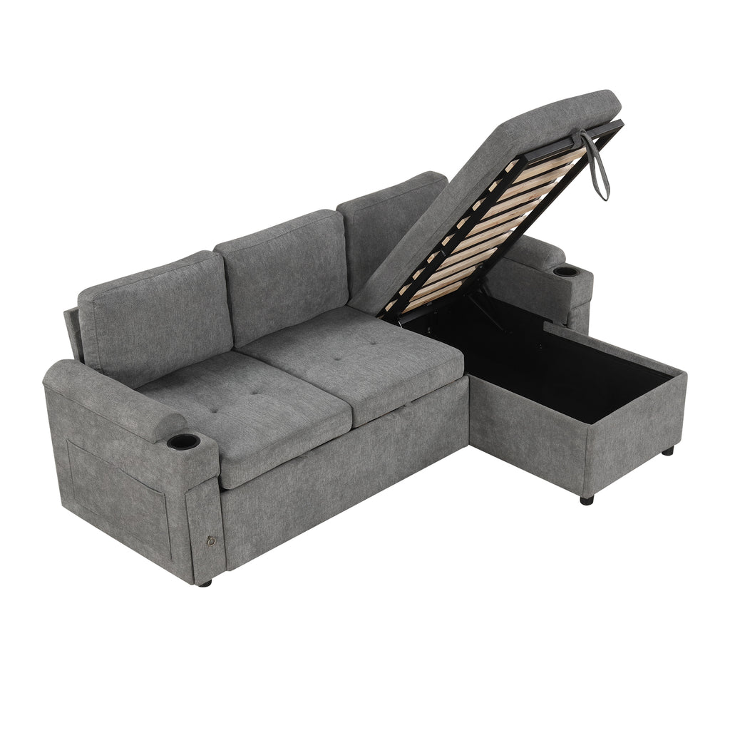 Modern L-shaped Convertible Sofa Bed with Storage, Cup Holders, USB Ports, Gray Chenille, 83.5' - Grand Goldman Shop
