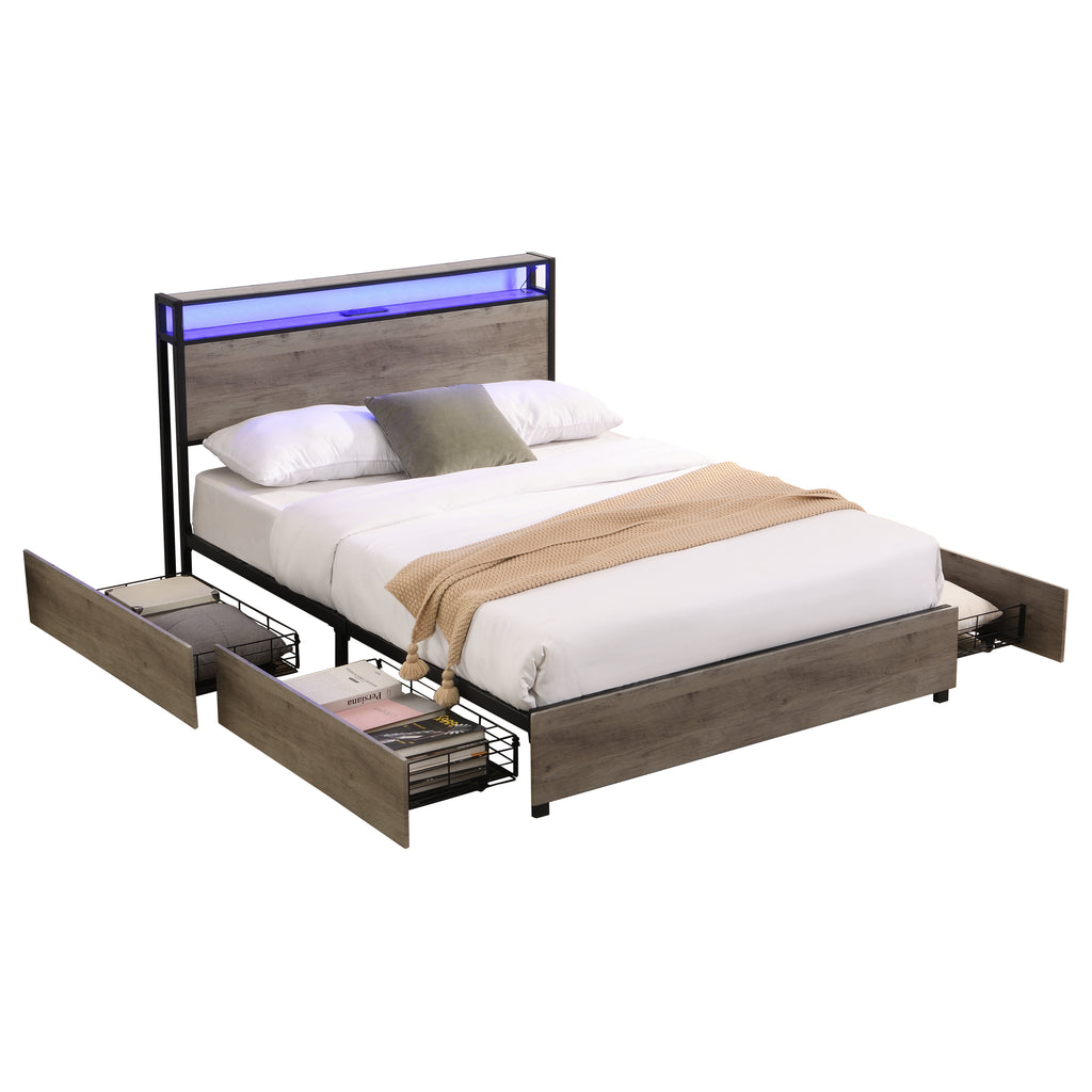 Full Bed Frame, Storage Headboard with Charging Station, Solid and Stable, Noise Free, No Box Spring Needed, Easy Assembly - Grand Goldman Shop