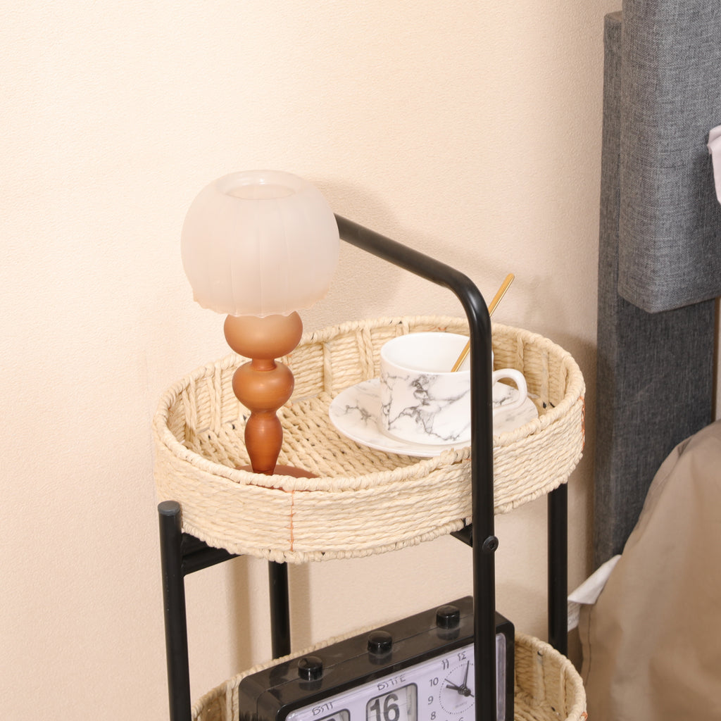 Farmhouse Style 3 Tiers Tray Tables Paper Rope Woven Side Table with Oval Storage Basket in Natural - Grand Goldman Shop