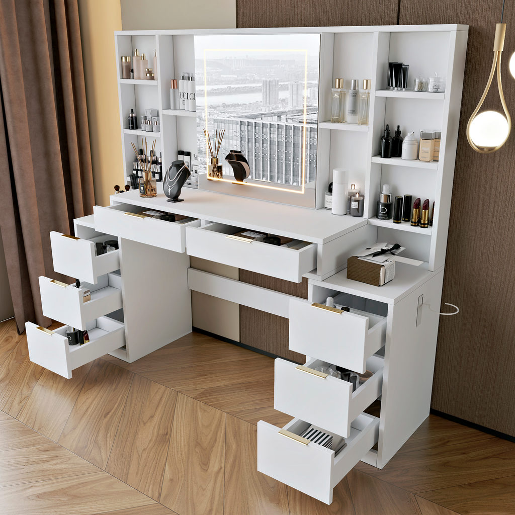 Makeup Vanity Desk with Mirror and Lights, 59' Large Vanity Table with 8Drawers & Open Storage Shelves, Brightness Adjustable, Dressing Table for Bedroom, Women and Girl - Grand Goldman Shop