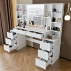 Makeup Vanity Desk with Mirror and Lights, 59' Large Vanity Table with 8Drawers & Open Storage Shelves, Brightness Adjustable, Dressing Table for Bedroom, Women and Girl - Grand Goldman Shop