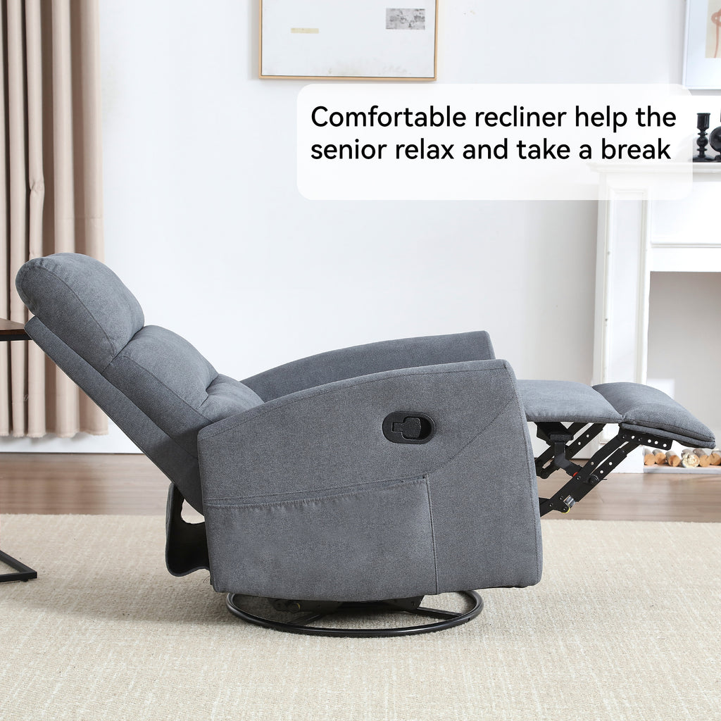 Manual Recliner Chair with Rocker and Swivel in Fabric for Living Room, Grey - Grand Goldman Shop