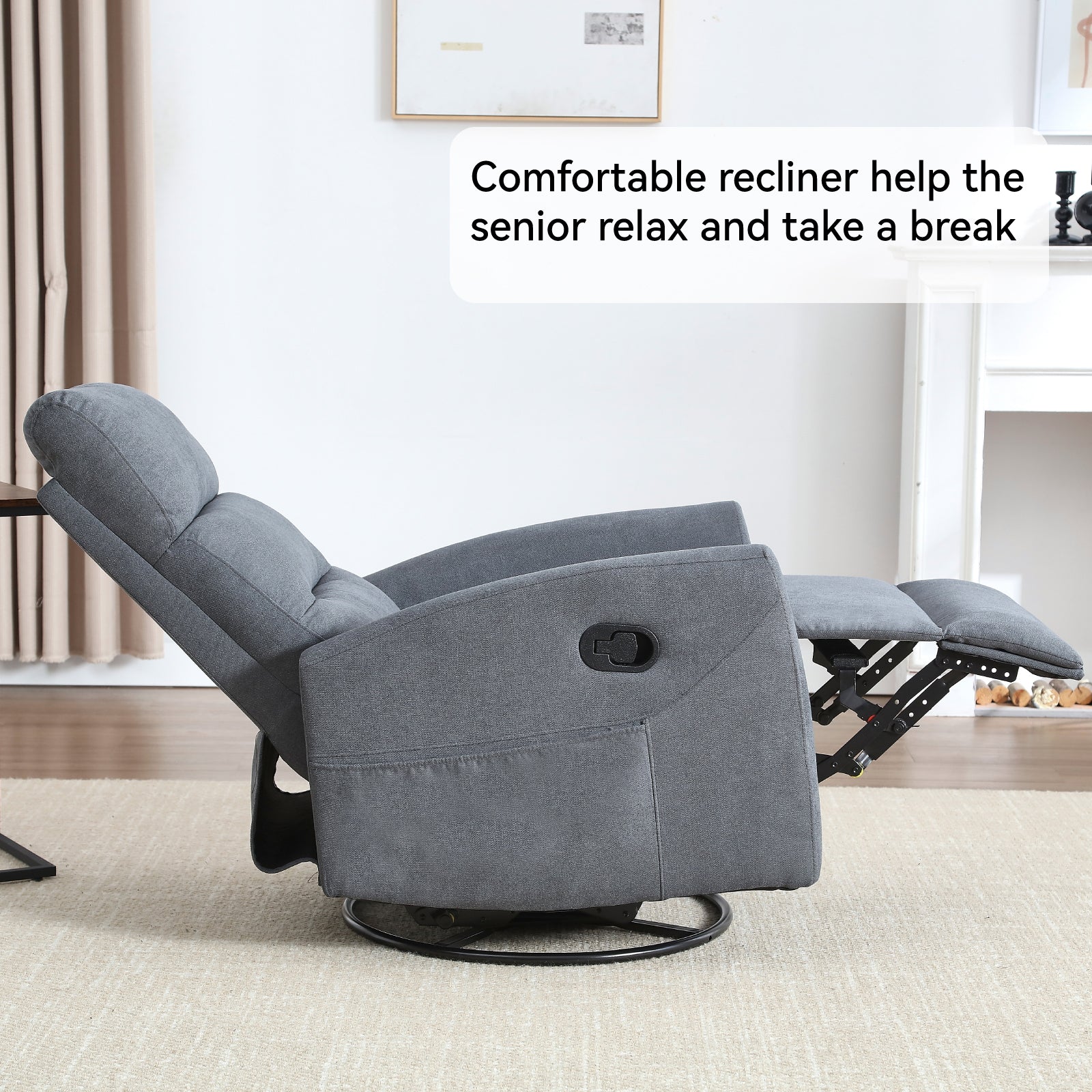 Manual Recliner Chair with Rocker and Swivel in Fabric for Living Room, Grey - Grand Goldman Shop