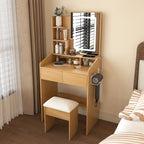 Modern Wood Vanity Table with LED Mirror, Power Outlet, Hairdryer Holder & Padded Stool – Compact Dressing Desk for Small Bedrooms - Grand Goldman Shop