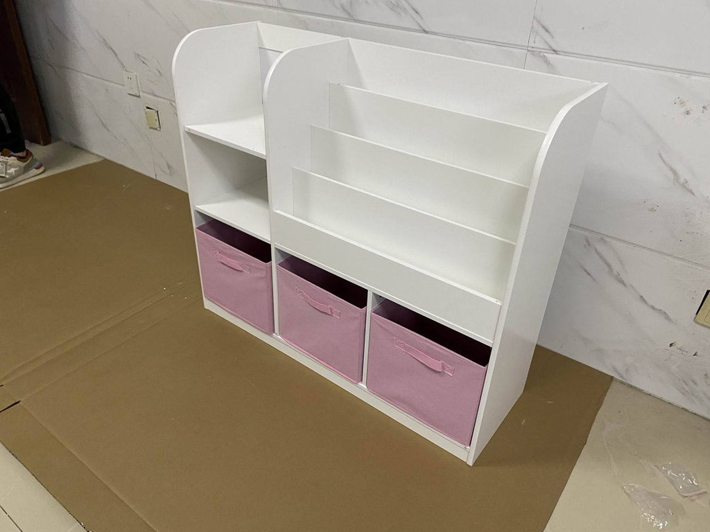 Kids Bookcase and Bookshelf with 3 Collapsible Fabric Drawers, Multifunctional White/Pink Display Stand for Bedroom, Playroom