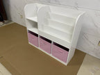 Kids Bookcase and Bookshelf with 3 Collapsible Fabric Drawers, Multifunctional White/Pink Display Stand for Bedroom, Playroom