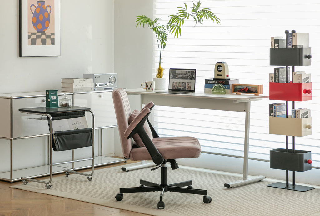 Pink Velvet Criss Cross Armrest Office Chair with Wheels - Comfortable for Home Office, Reading & Vanity - Grand Goldman