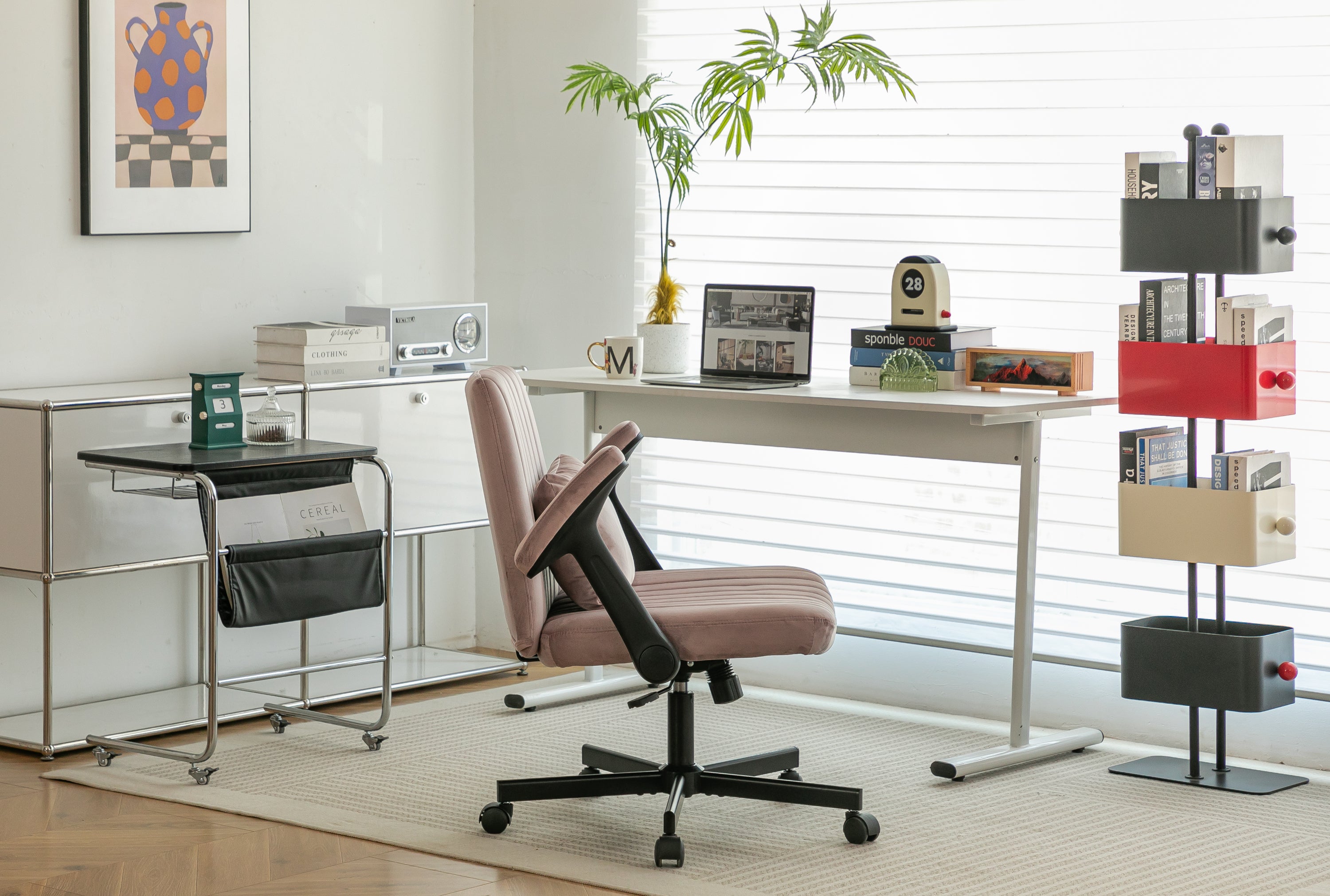 Pink Velvet Criss Cross Armrest Office Chair with Wheels - Comfortable for Home Office, Reading & Vanity - Grand Goldman