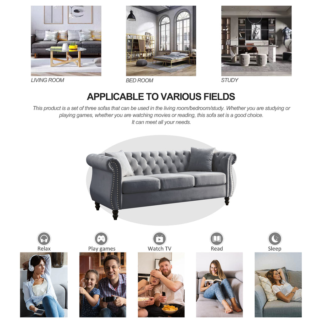 Grey Velvet 3-Seater Chesterfield Sofa with Rolled Arms and Nailhead Trim, Tufted Couch for Living Room, Bedroom, Office, Apartment, Includes Two Pillows - Grand Goldman Shop