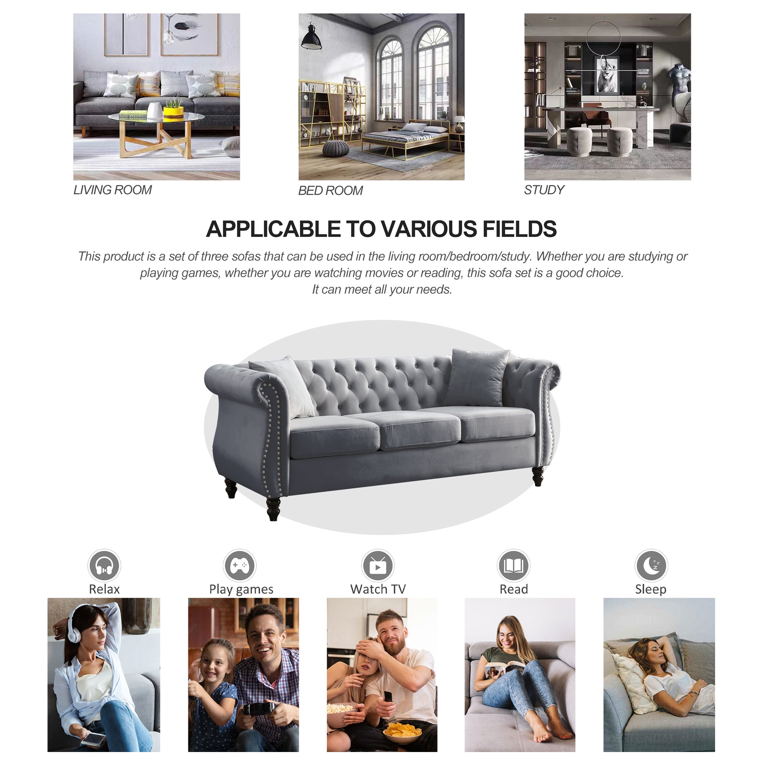Grey Velvet 3-Seater Chesterfield Sofa with Rolled Arms and Nailhead Trim, Tufted Couch for Living Room, Bedroom, Office, Apartment, Includes Two Pillows - Grand Goldman Shop