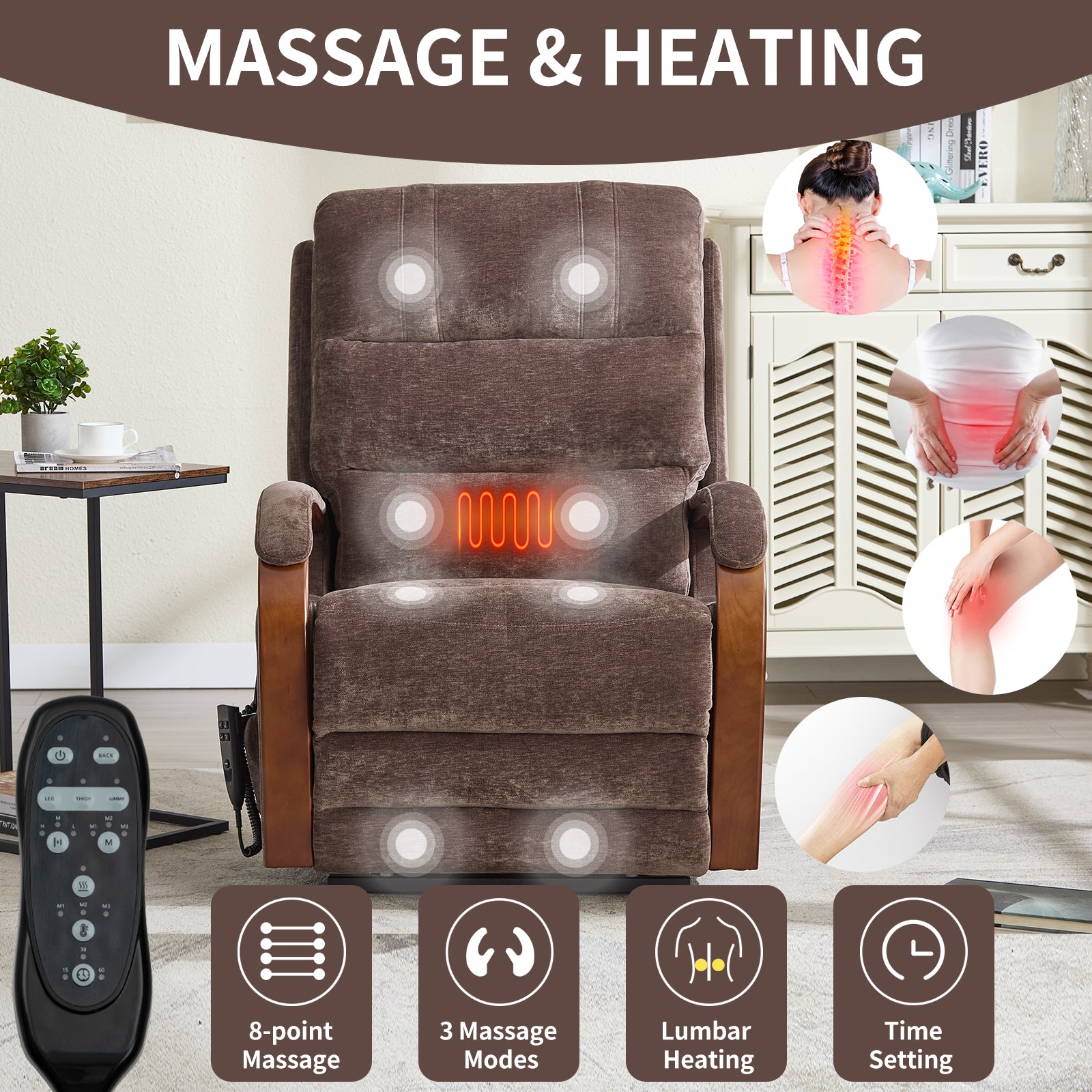 Power Brown Chenille Lift Recliner Chair Dual Motor Infinite Position Up to 350 LBS with Solid Wood Armrests, Heat Massage and Heavy Duty Motion Mechanism - Grand Goldman Shop