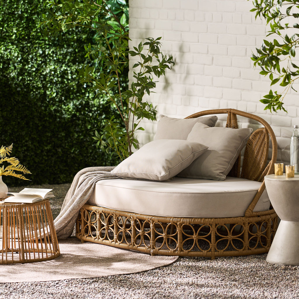 Outdoor Wicker Daybed With Pillows, Light Brown and Beige - Grand Goldman Shop