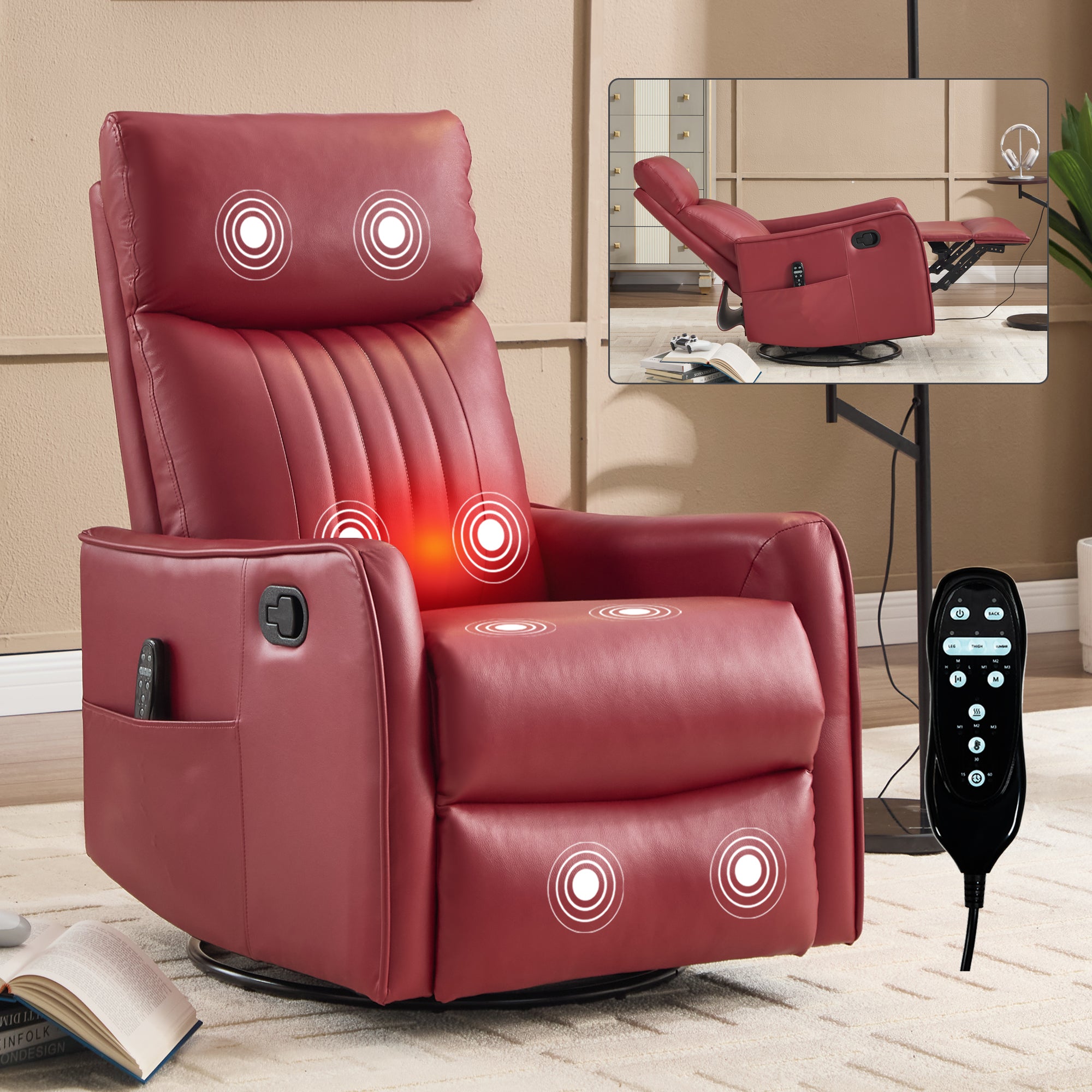 Red Faux Leather Heat Massage Manual Recliner Chair with Rocker and Swivel for Living Room - Grand Goldman Shop