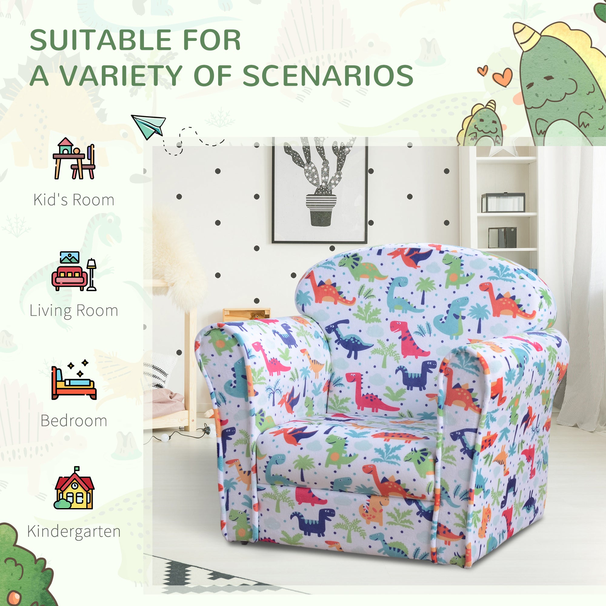 Qaba Kid's Sofa Chair with Dinosaur Design and Thick Padding, Flannel-Covered Toddler Armchair for Bedroom, Playroom - Grand 