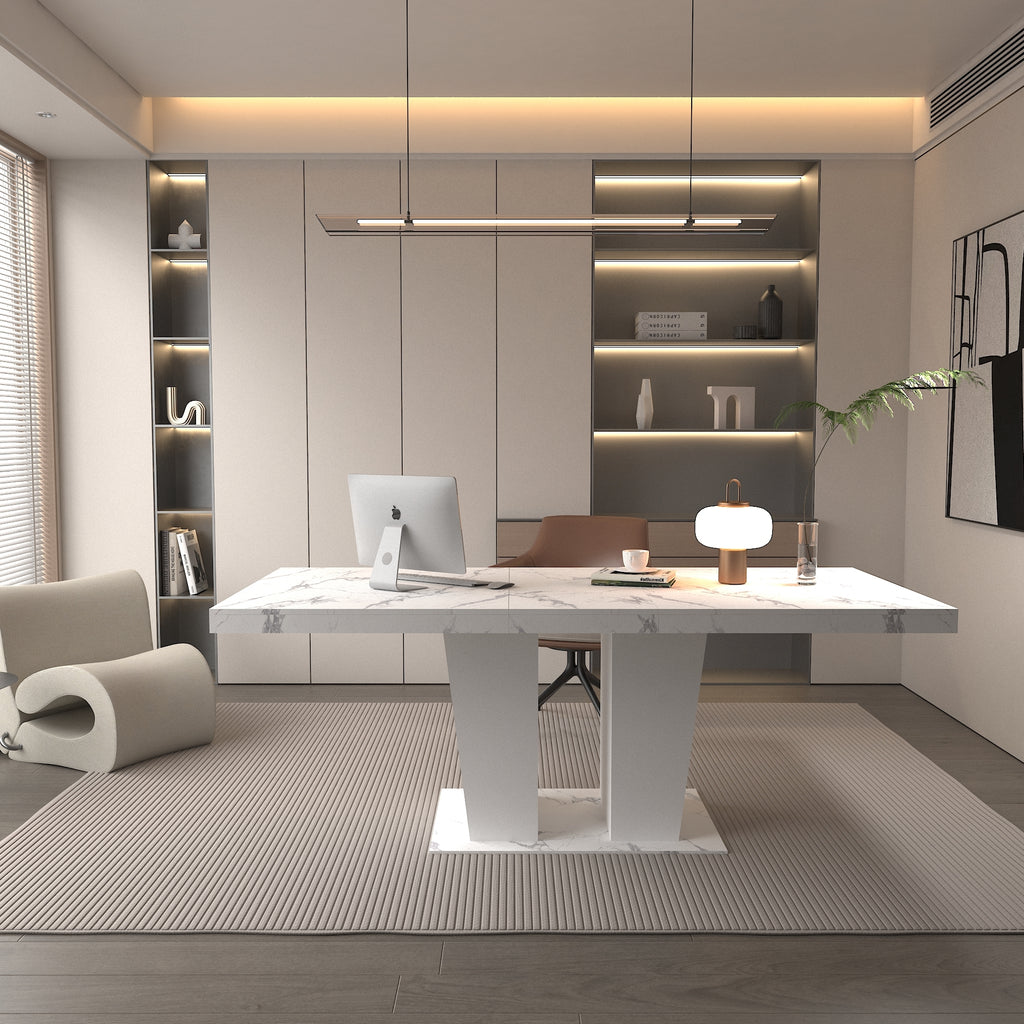 Extendable Dining Room Table for 6-10 Modern White Faux Marble Wooden Expandable Kitchen Table w/Dual Column Pedestal Base, Large Rectangle Dining Table - Grand Goldman Shop