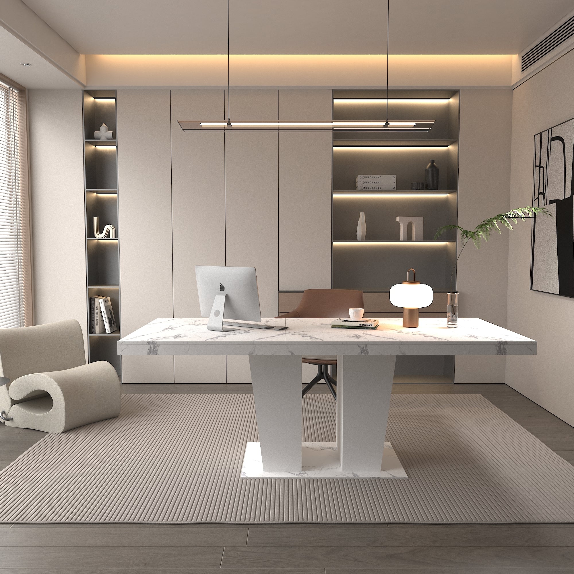 Extendable Dining Room Table for 6-10 Modern White Faux Marble Wooden Expandable Kitchen Table w/Dual Column Pedestal Base, Large Rectangle Dining Table - Grand Goldman Shop