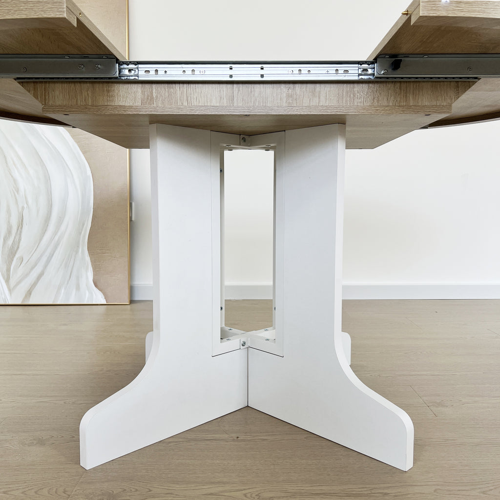 Dining Table for Farmhouse Kitchen 59x43 Inch Expandable Oval Table Top with Removable Leaf Trestle X Shaped Base White - Grand Goldman Shop