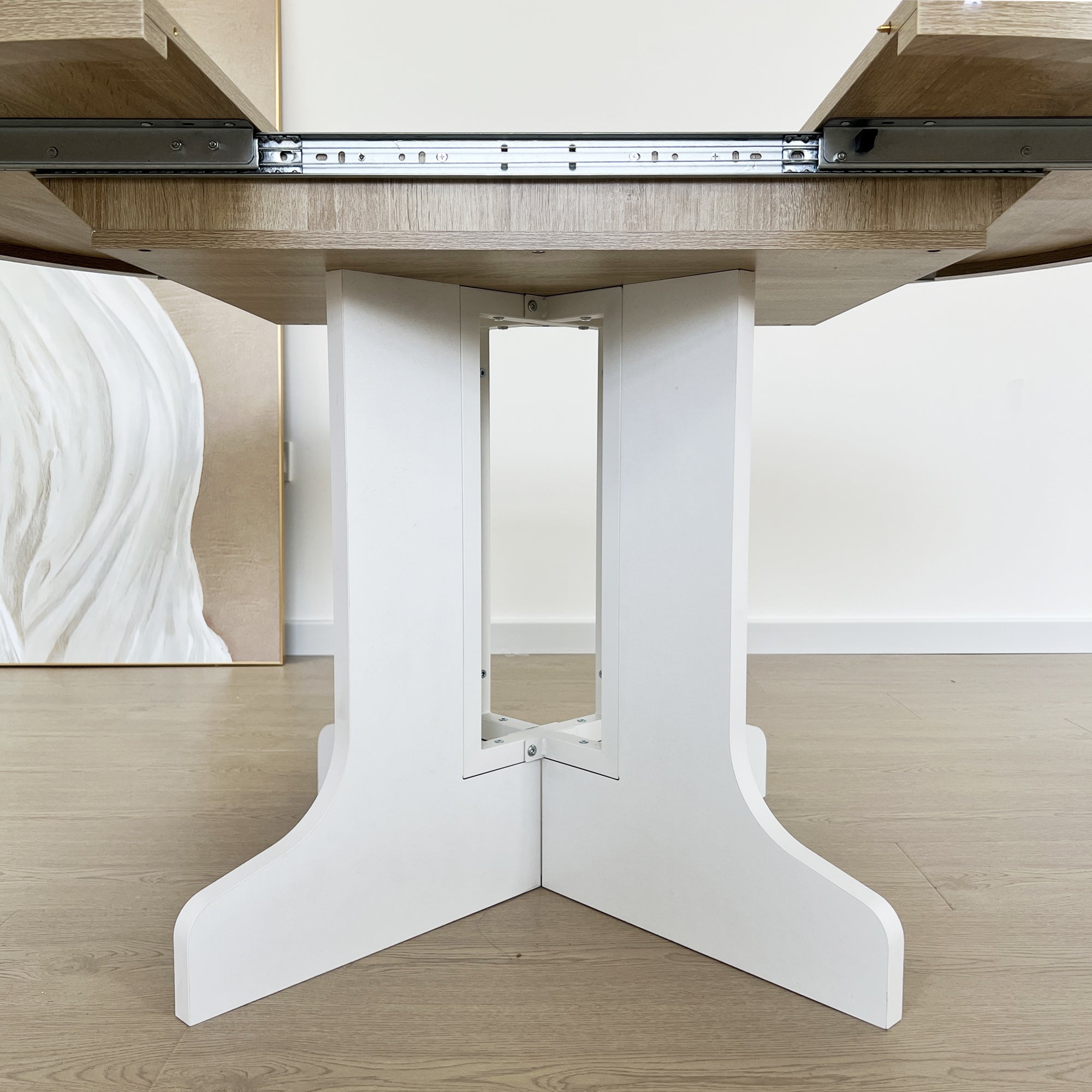 Dining Table for Farmhouse Kitchen 59x43 Inch Expandable Oval Table Top with Removable Leaf Trestle X Shaped Base White - Grand Goldman Shop