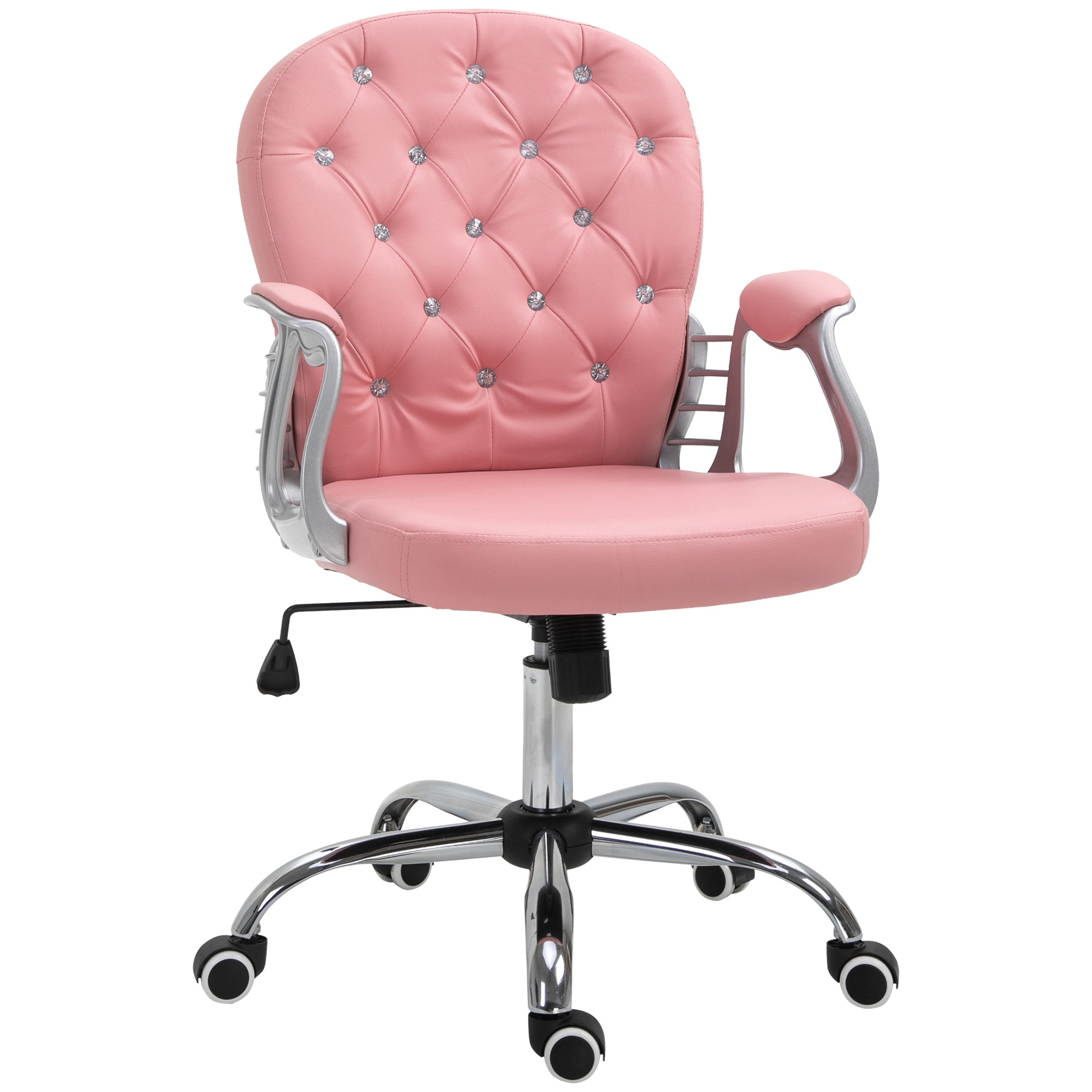 PU Leather Home Office Chair, Button Tufted Desk Chair with Padded Armrests, Adjustable Height and Swivel Wheels, Pink | Prem