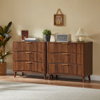 Fluted 3 Drawer Dresser Set of 2, Mid-Century Modern Tall Chest of Drawers with Vertical Grooved Design, Solid Wood Storage Cabinet with Metal Handles for Bedroom Living Room, Walnut - Grand Goldman Shop