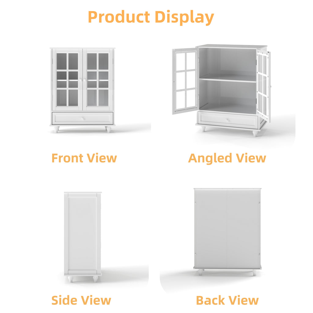 Minimalist White Buffet Cabinet with Double Glass Doors and Drawer, Modern Wooden Storage Sideboard Cupboard for Living room, Dining Room Hallway Entryway - Grand Goldman Shop