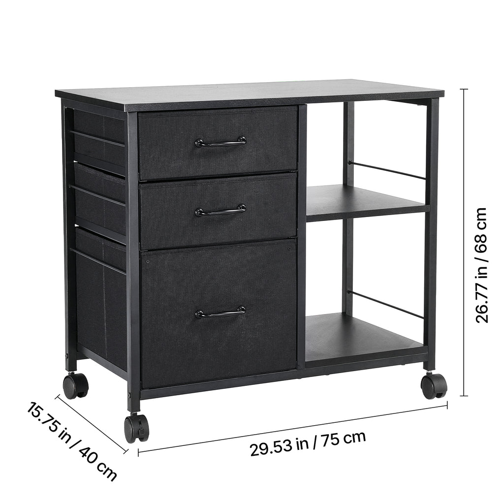 Mobile Metal File Cabinet with 3 Fabric Drawers and 2 Open Shelves Black - Grand Goldman