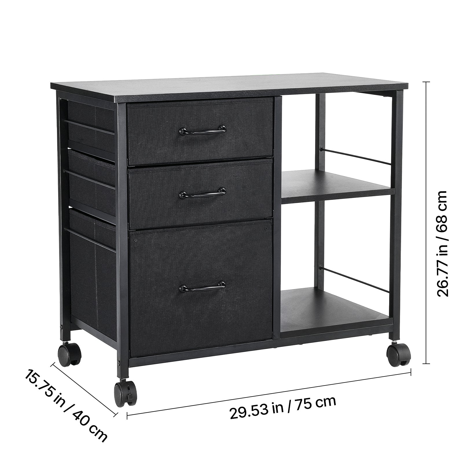 Mobile Metal File Cabinet with 3 Fabric Drawers and 2 Open Shelves Black - Grand Goldman