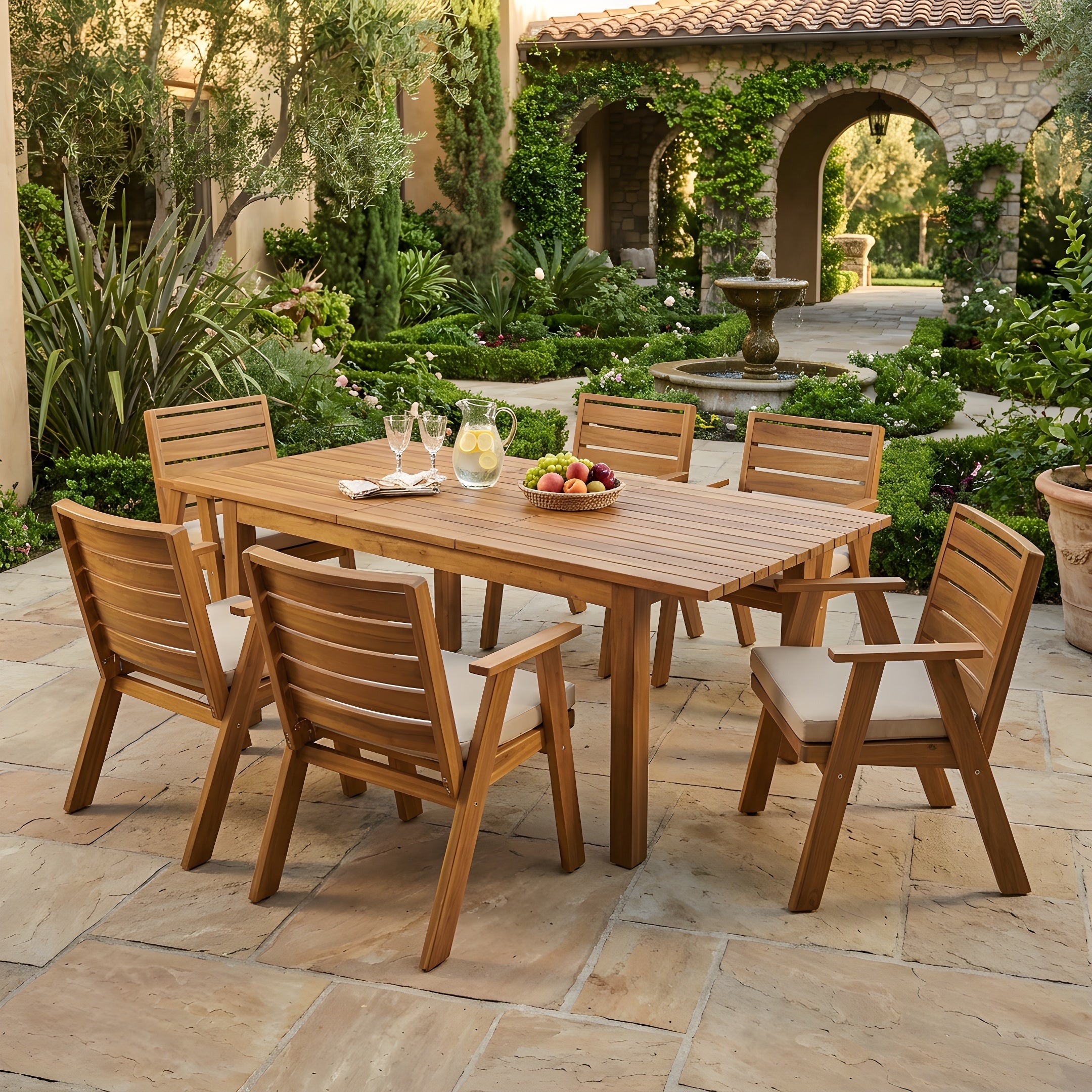 7-teiliges Outdoor-Esszimmer-Set aus Akazienholz, modernes Set mit 6 Stühlen und 1 großem Tisch, Essmöbel-Set für Rasen, Garten, Veranda, Poolbereich, Teakholz