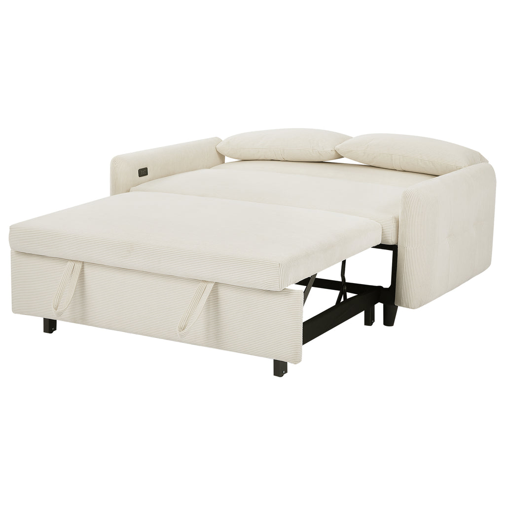 Modern Convertible Pull-out Sofa Bed with USB Ports and Pillows, Beige Corduroy, 57.48 inches - Grand Goldman Shop