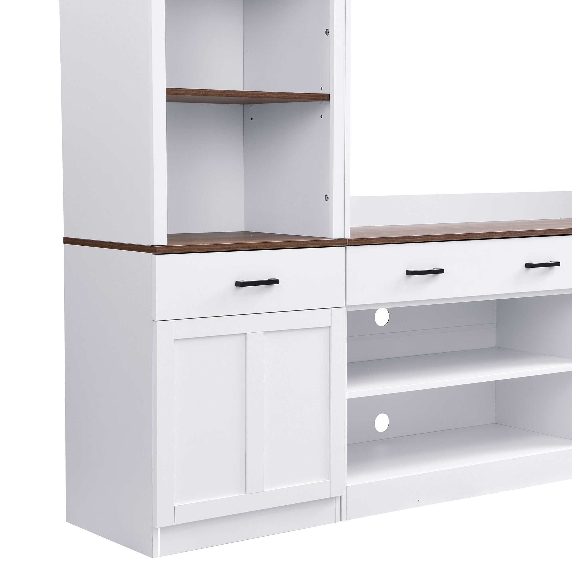 Farmhouse Entertainment Wall Unit with Bookshelf for TVs Up to 70', Walnut TV Stand with Adjustable Shelves, Mid-Century Media Console with Wine Rack for Living Room, White (NEW SKU: N721S000046K-2) - Grand Goldman Shop