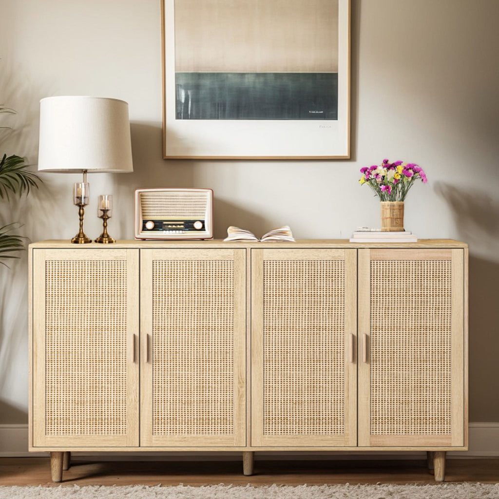 Elegant and Functional 4-Door Rattan Decorative Storage Cabinet for Bedroom, Living Room, Office in Natural Particle Board - Grand Goldman Shop