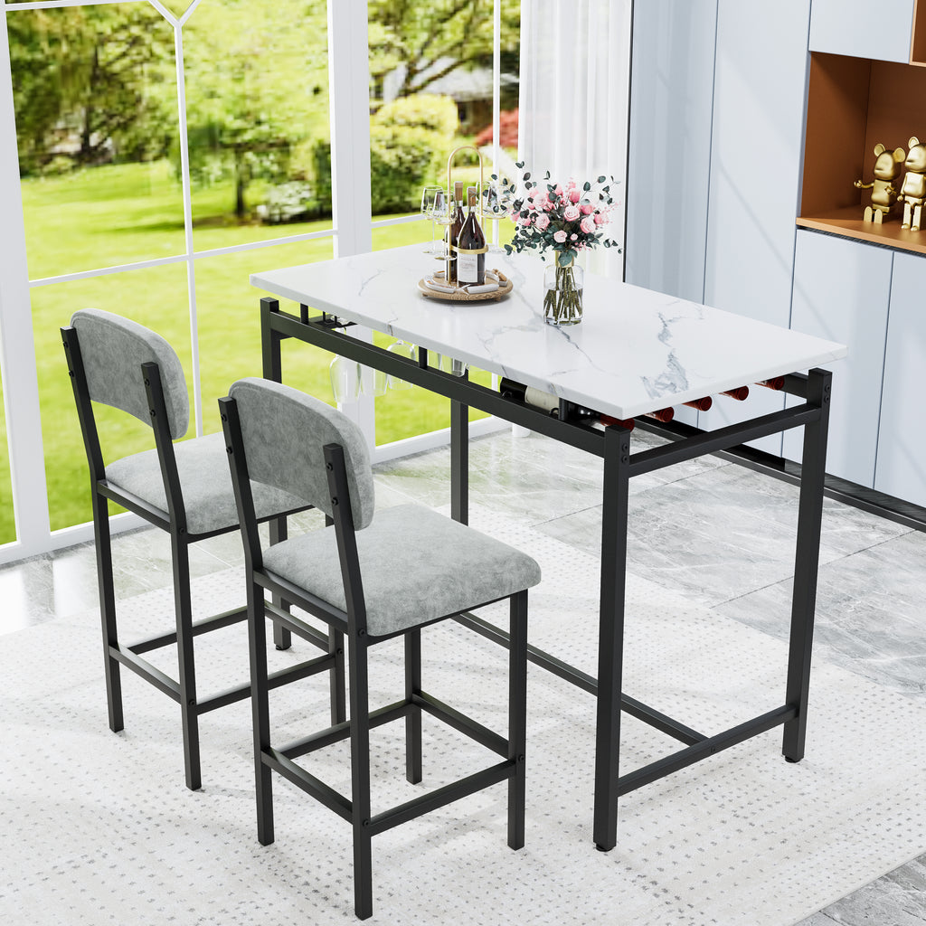 Modern Dining Table and Chairs for 2, Marble Finishes Dining Table Set with 2 Upholstered Chairs, Kitchen Table Set Bar Pub Set for Breakfast Nook, Dining Room, Rustic Black, Grey Chair - Grand Goldman Shop