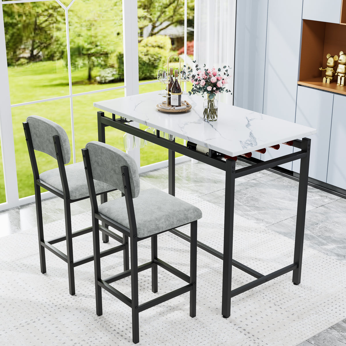 Modern Dining Table and Chairs for 2, Marble Finishes Dining Table Set with 2 Upholstered Chairs, Kitchen Table Set Bar Pub Set for Breakfast Nook, Dining Room, Rustic Black, Grey Chair - Grand Goldman Shop