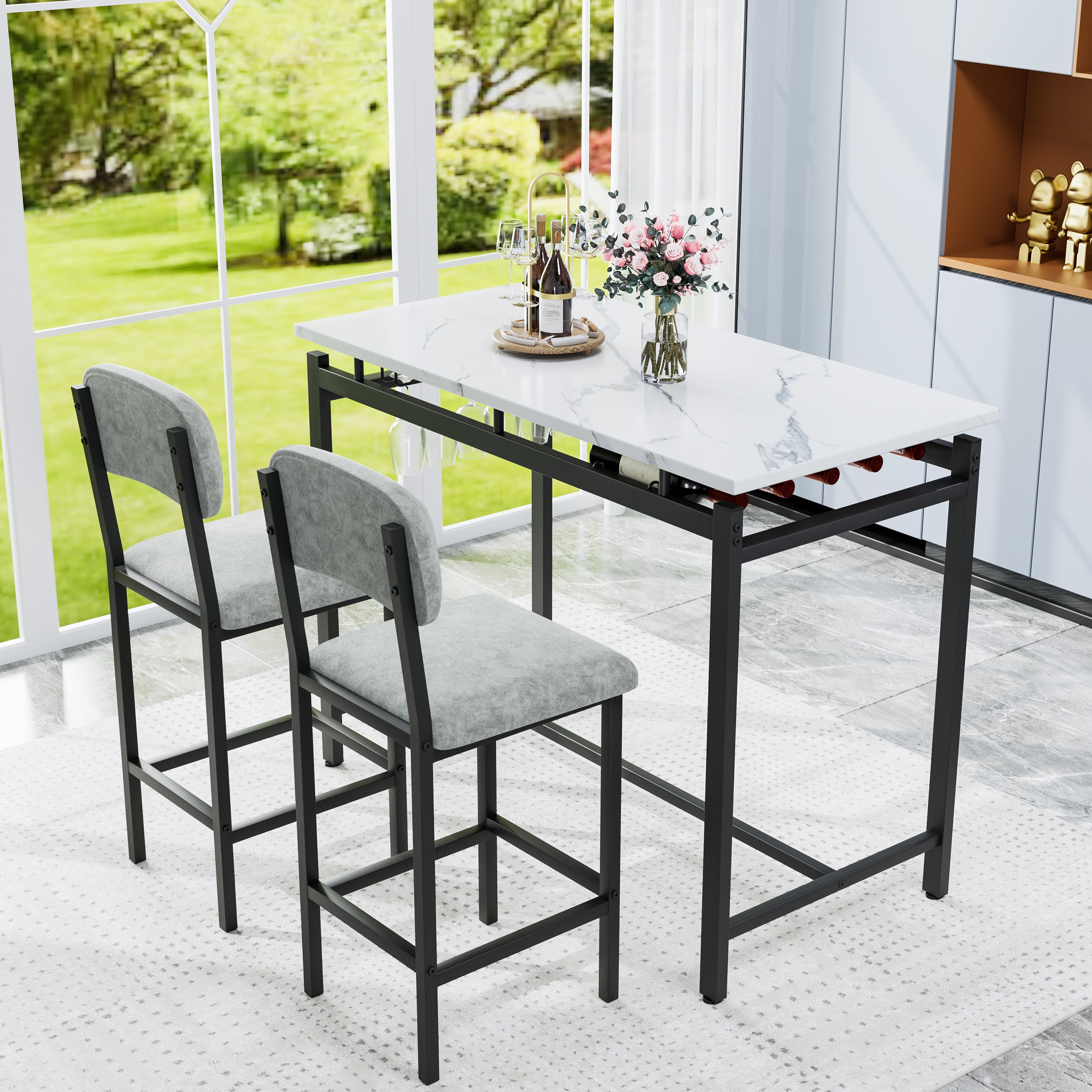 Modern Dining Table and Chairs for 2, Marble Finishes Dining Table Set with 2 Upholstered Chairs, Kitchen Table Set Bar Pub Set for Breakfast Nook, Dining Room, Rustic Black, Grey Chair - Grand Goldman Shop
