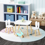Rabbit Themed Kids Table and 2 Chairs Set, White Solid Wood & MDF Play Table with Rounded Edges, 3-Piece Toddler Furniture fo