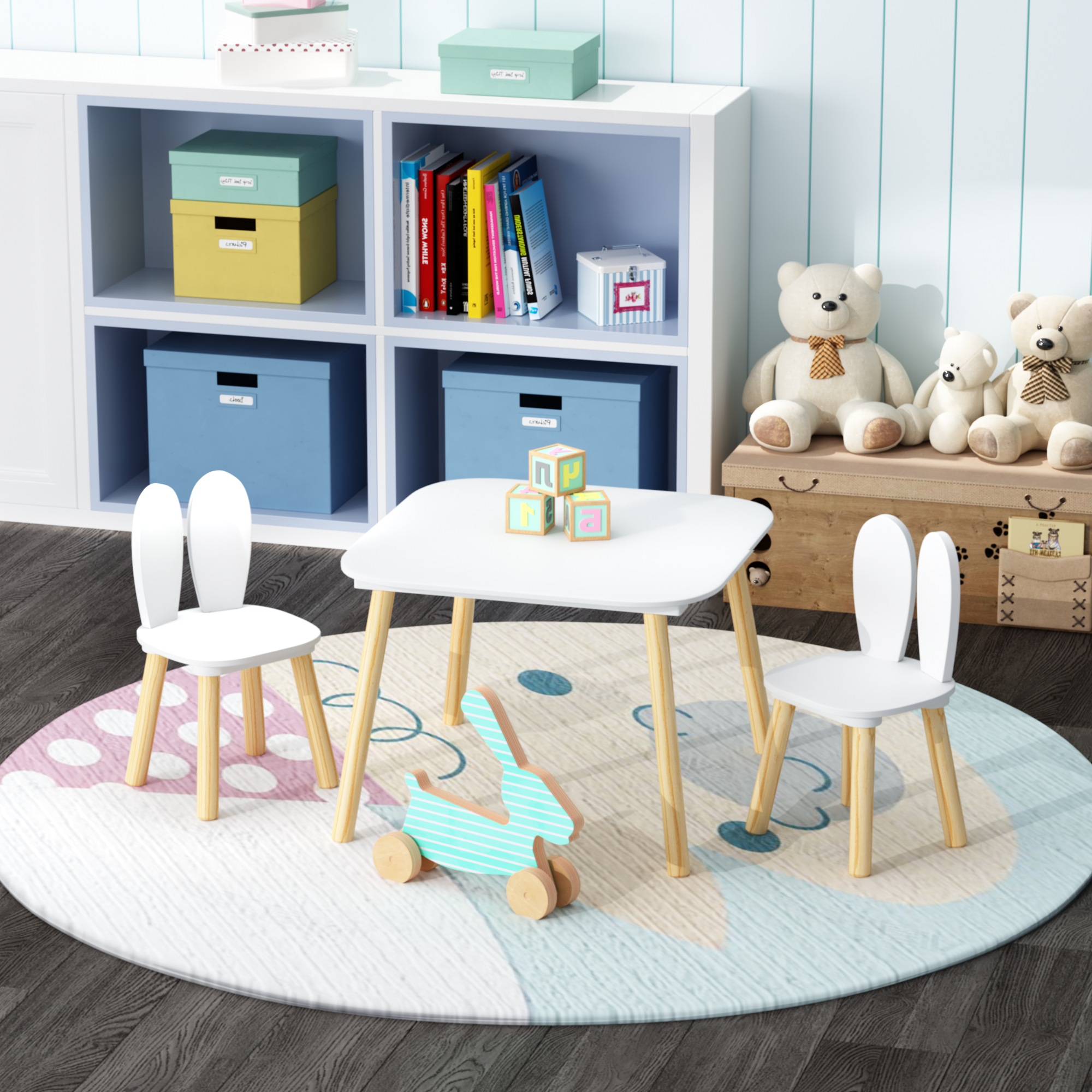 Rabbit Themed Kids Table and 2 Chairs Set, White Solid Wood & MDF Play Table with Rounded Edges, 3-Piece Toddler Furniture fo